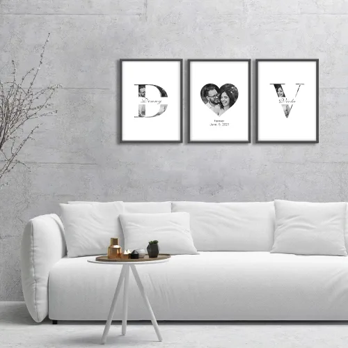 Vista 3 de Woodkap Impresiones en lienzo personalizadas con fotos de pareja y nombre Personalized Sign Initials Name and Special Date Posters, Set Of 3
