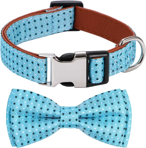 Vista 7 de Collar de perro con pajarita para regalo de niña o niño, pajarita suave y duradera, punto azul, talla S