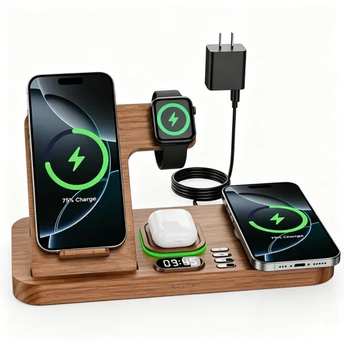 Vista 8 de Estación de carga inalámbrica de teléfono doble para dispositivos Apple, estación de carga magnética para iPhone con interruptor automático de luz