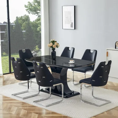 Vista 13 de Juego de mesa de comedor moderno para 4, juego de sillas de mesa de cocina de mármol sintético, mesa rectangular de MDF de 63 pulgadas, sillas Negro