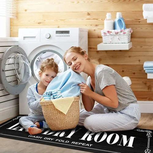 Vista 4 de Alfombra antideslizante para lavandería, decoración de lavandería, alfombra lavable para lavandería, baño, vestíbulo, cocina, 17 x 47 pulgadas, Negro