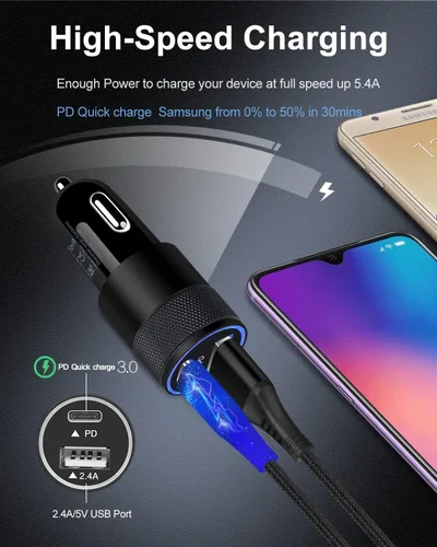 Vista 2 de Cargador rápido tipo C para Samsung Galaxy A17 A16 A15 5G A14 S24 S23 A25 A57 20W PD Wall Plug+30W Car Adapter+60W C to USB-C Cables-6Ft for