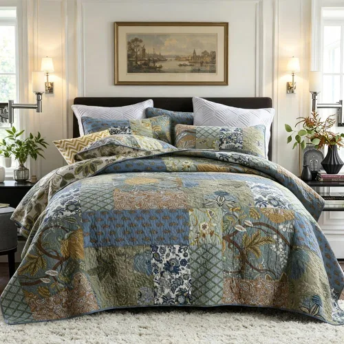 Vista 11 de Juego de ropa de cama de algodón, juego de colcha reversible de 3 piezas, edredón vintage con diseño floral de mosaico, colcha blanca, tamaño queen
