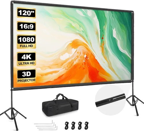 Vista 8 de Pantalla de proyector con soporte, soporte de pantalla de proyector portátil de 100 pulgadas con barra de cuerda elástica, para interiores