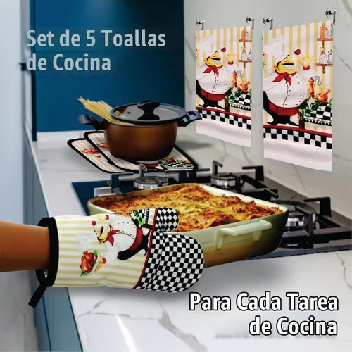 Vista 6 de Encantador juego de toallas de cocina de 5 piezas: diseño de chef uniforme y regordete, incluye 2 paños decorativos (25 x 15), 1 guante de horno y 2