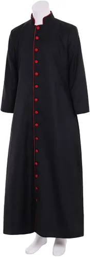 Vista 2 de CosplayDiy Disfraz de sacerdote romano negro para hombre, disfraz de cosplay. Disfraz medieval de clérigo para adultos, vestíbulos, gabardina