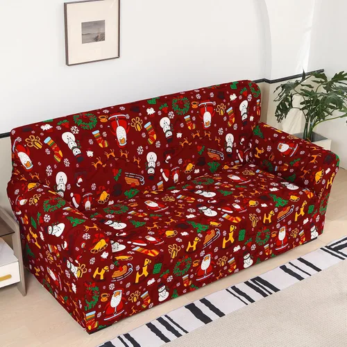 Vista 6 de Anibedding - Funda estampada de Navidad roja para sofá de 2 cojines, funda elástica con renos y copos de nieve para sofá, funda de sofá lavable a