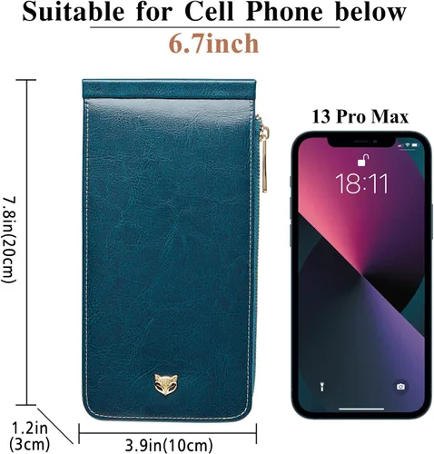 Vista 5 de FOXLOVER Portatarjetas de crédito múltiples para mujer, con bloqueo RFID, cartera de cuero para mujer con bolsillo con cremallera, Azul