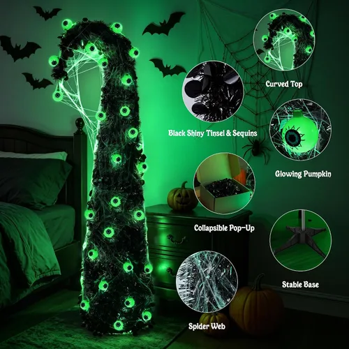 Vista 5 de Brizled Prelit Black Halloween Tree, 5 ft Lighted Fall Tree with Lights