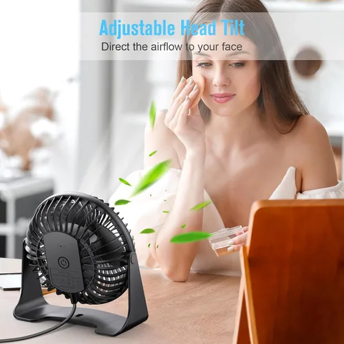 Vista 4 de BESKAR Ventilador de escritorio pequeño USB, ventiladores portátiles con 3 velocidades de flujo de aire fuerte, funcionamiento silencioso y rotación