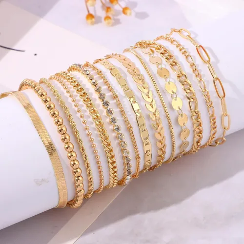 Vista 5 de SAMOCO Juego de 14 pulseras de cadena de oro para mujer, chapados en oro de 14 quilates, pulseras apilables de oro de moda, regalos de joyería