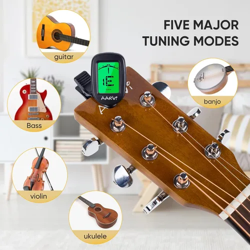 Vista 3 de AARVI Afinador de guitarra con clip para todos los instrumentos, guitarra acústica/eléctrica, ukelele, bajo, violín, banjo, pantalla LCD grande