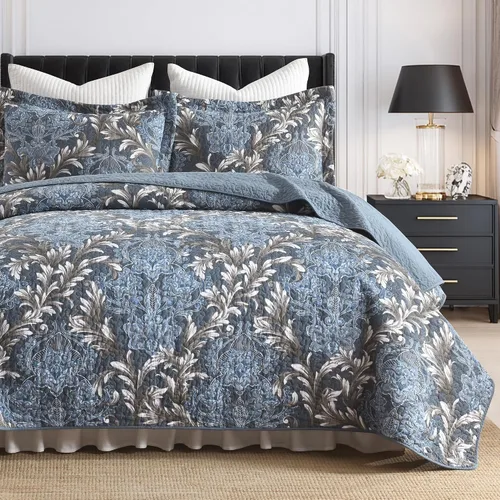 Vista 8 de Juego de edredón 100% algodón tamaño Queen de 3 piezas, edredón floral de damasco con 2 fundas, colcha acolchada floral vintage, ropa de cama ligera