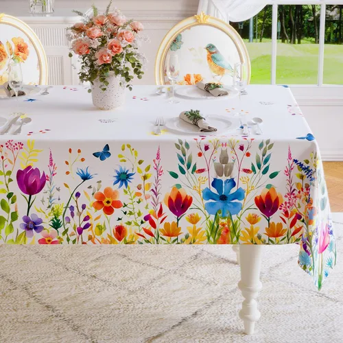 Vista 7 de Softalker Mantel rectangular de primavera – Mantel decorativo impermeable con patrón floral de Pascua, resistente a las manchas, sin arrugas