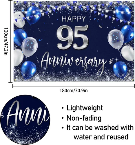 Vista 2 de Cartel de fondo de feliz 95 aniversario, decoración plateada con purpurina de 95 años, decoración temática de fiesta de aniversario de boda