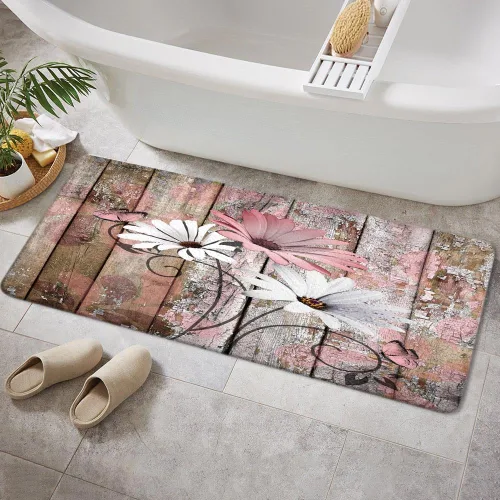 Vista 51 de JAWO Alfombra de baño con flores de granja, dalia en tablones de madera rústica, juego de tapetes de baño con flores azules, en forma de U