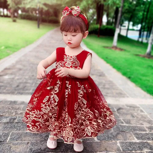 Vista 6 de 0-6T - Vestido de tutú de encaje bordado con lentejuelas y lazo grande para fiestas de bebé y niñas pequeñas con tocado