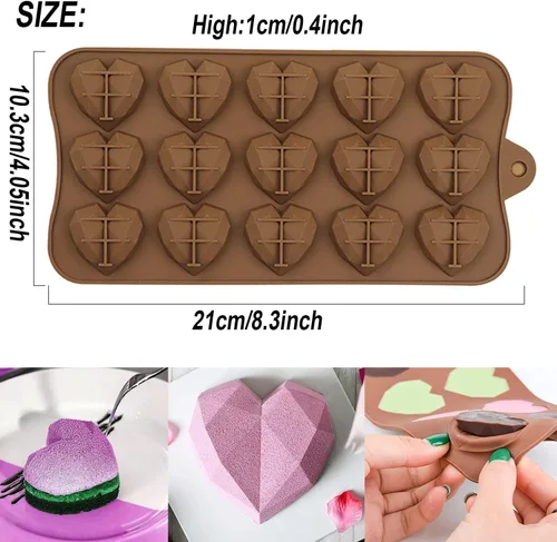 Vista 2 de Paquete de 2 moldes de chocolate con forma de corazón de diamante – Molde de pastel de mousse de corazón 3D de 15 agujeros – Mini molde de silicona