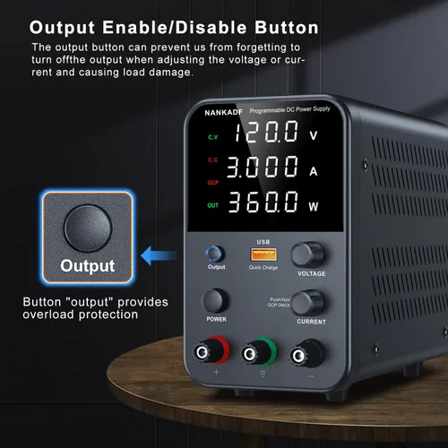 Vista 4 de Fuente de alimentación de banco variable de CC con perilla de codificador, activación/desactivación de salida, carga rápida USB, alarma de Negro