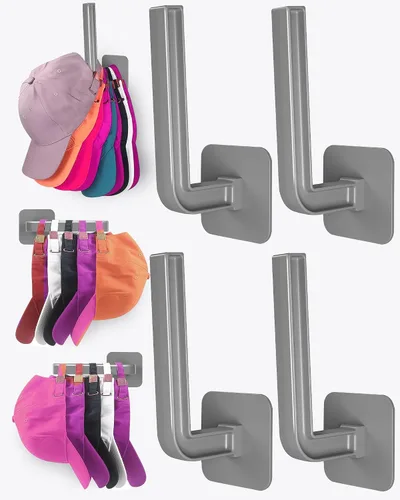 Vista 19 de Estante para sombreros para almacenamiento de sombreros (paquete de 4), organizador de sombreros multiusos, ganchos de pared de adhesivo fuerte