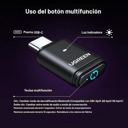 Vista 8 de UGREEN Adaptador Bluetooth USB-C para PS5, Adaptador de Audio Bluetooth 5.3 con APTX Baja Latencia y aptX-Adaptive, Transmisor de Audio Inalámbrico