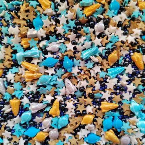 Vista 8 de Homankit Gránulos de dulces de sirena para hornear, postre, magdalenas, decoración de pasteles, estrella de mar, concha de mar, perla y sirena Azul