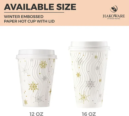 Vista 8 de Harvest Pack - Juego de 100 tazas de café desechables de Navidad de 12 onzas con tapas, tazas de papel caliente aisladas con copos de nieve blancos