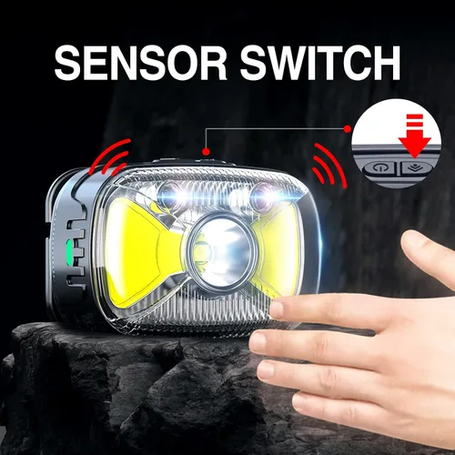 Vista 3 de Linterna frontal roja recargable tipo C, 1200 lúmenes, 14 modos, lámpara de cabeza de luz blanca ultra brillante con sensor de movimiento, IPX4