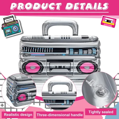 Vista 3 de Cunhill 1 Pieza Enfriador de Bebidas Inflable Boom Box Decoraciones de Fiesta Temática de Verano de los 80s 90s Enfriador Inflable Radio Boom Box