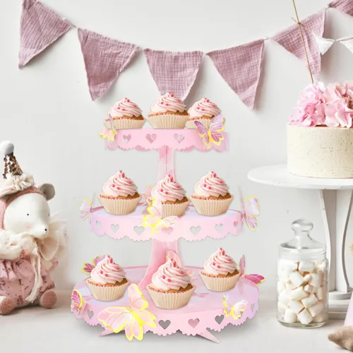 Vista 2 de Soporte para cupcakes de mariposa rosa de 3 niveles, torre de postre de princesa Elegante diseño de mariposa rosa, torre de postre de 3 niveles