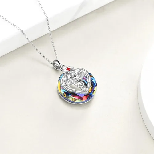 Vista 3 de YFN Collar con colgante de plata de ley con temática de ángel caduceo de 17.7in (collar de enfermera) (collar de enfermera)
