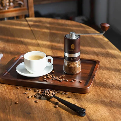 Vista 5 de Molinillo de café manual de alta calidad, fabricado con madera de haya auténtica; molinillo de café de mano con molino de rebabas de acero Marrón