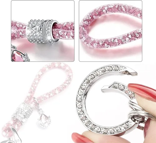 Vista 4 de Jawmoy Paquete de 1 llavero brillante para automóvil, accesorios de llavero de diamantes de imitación, llavero de cristal de metal (rosa)