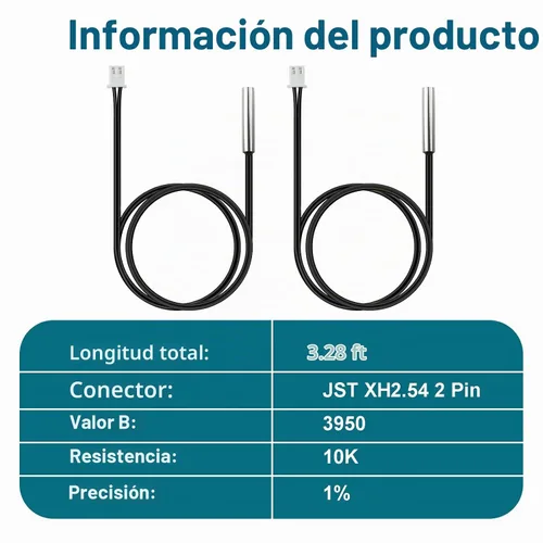 Vista 2 de 5 piezas 1M Sonda de sensor de temperatura 10K, sonda de sensor de termistor NTC B3950, carcasa de cobre niquelada de alta sensibilidad, precisión