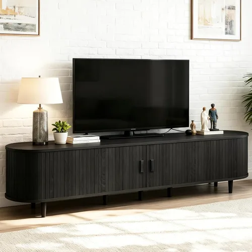Vista 10 de Soporte de TV moderno de mediados de siglo de 58 pulgadas, consolas de TV de madera con puertas correderas y toma de corriente, centro
