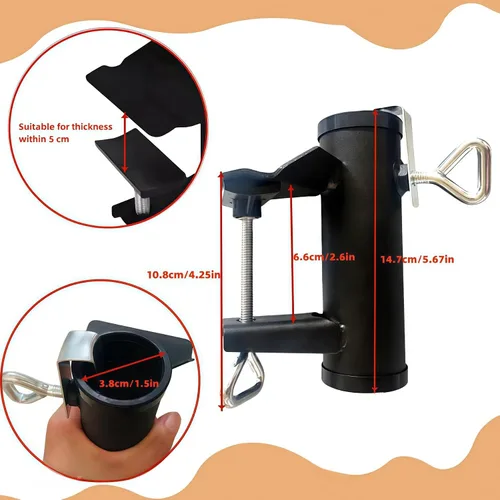 Vista 2 de Soporte de abrazadera para paraguas para exteriores, resistente con clip de montaje para sombrilla de patio, color negro