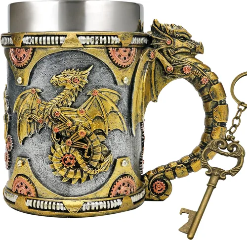 Vista 10 de alikiki Taza medieval steampunk de dragón, 15.8 onzas, dragones mecánicos renacentistas, cerveza, jarra, jarra, taza de café inoxidable, taza