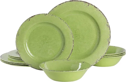 Vista 14 de Gibson Home Mauna - Juego de vajilla de melamina, servicio para 4 personas (12 piezas), color verde