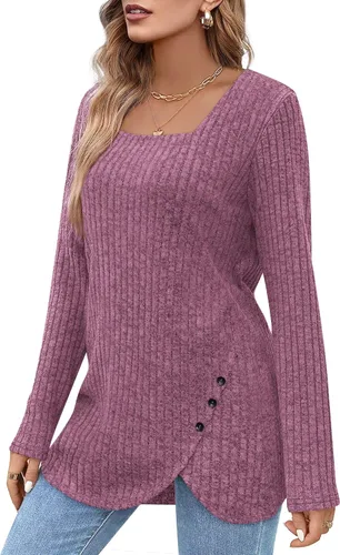 Vista 2 de BZB Suéteres para mujer Otoño 2023 Ligero Manga Larga Cuello Cuadrado Túnica Tops