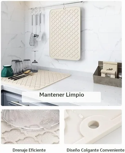 Vista 2 de AMOAMI - Tapete de secado de platos para cocina, de silicona, tapete de secado de platos de cocina, resistente al calor, accesorios de cocina Beige