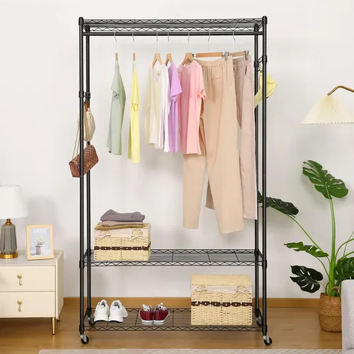 Vista 5 de Homdox Perchero de ropa con ruedas de grado comercial, estante de almacenamiento de ropa de 2 niveles con estantes de alambre ajustables, armarios