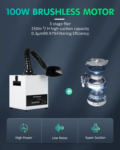 Vista 3 de FAHKNS Extractor de humos de soldadura láser de 100 W, fuerte succión, con filtro de 3 etapas, removedor de humo de soldadura, con 12 filtros