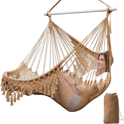Vista 16 de Chihee Hamaca Silla de malla tejida hecha a mano Asiento colgante Barra esparcidora de metal