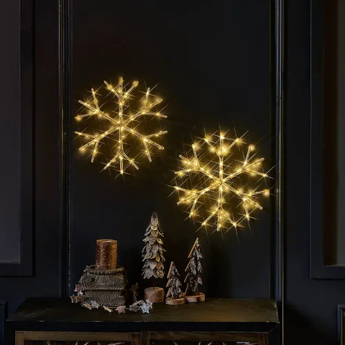 Vista 6 de Fudios Luces LED de copo de nieve iluminadas de color blanco cálido, funciona con pilas, con temporizador, 70 L, guirnalda de luces de 14 pulgadas