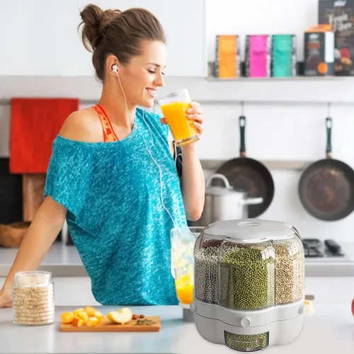 Vista 7 de Enfudid Contenedor de almacenamiento de granos para alimentos, dispensador de arroz de 6 rejillas de gran capacidad, caja de almacenamiento