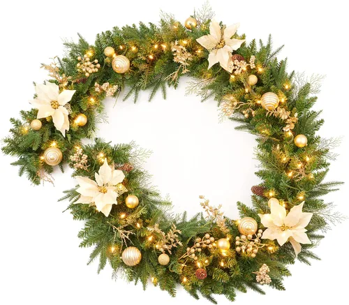 Vista 14 de Guirnalda de Navidad preencendida de 9 pies con bayas y bolas doradas, piña, flor dorada y 50 luces LED blancas suaves que funcionan