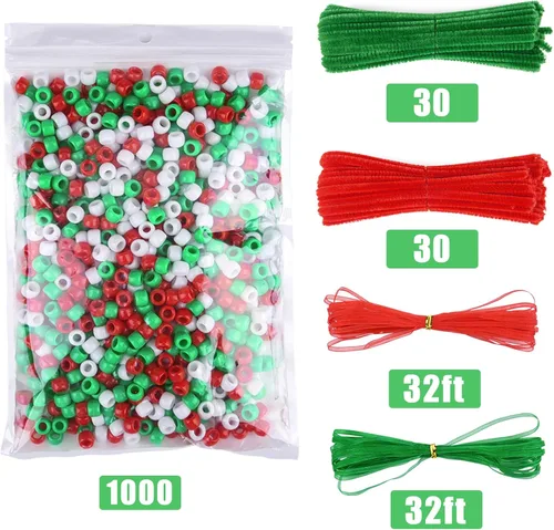 Vista 2 de Livder Kit de adornos de cuentas de Navidad, incluye 1000 cuentas de plástico rojo, verde y blanco, 60 tallos de chenilla, cinta de 64 pies