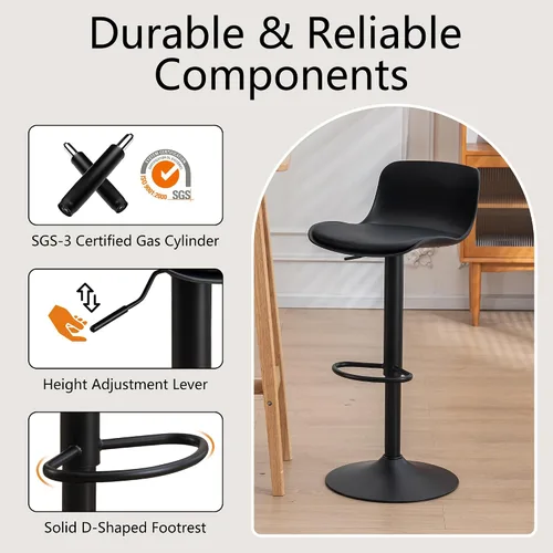 Vista 7 de YOUTASTE Juego de 2 taburetes de bar totalmente negros, taburetes de bar giratorios ajustables con respaldo, asientos de silla de bar acolchados