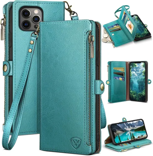 Vista 12 de XcaseBar Funda tipo cartera compatible con iPhone 13 Pro de 6.1 pulgadas con cremallera y tarjetero de crédito con bloqueo RFID, funda de piel