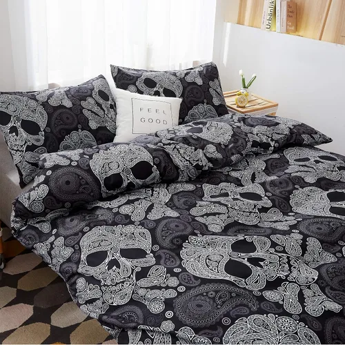 Vista 3 de LAMEJOR Juego de funda de edredón tamaño individual, decoración de Halloween, esqueleto de calavera negra, estampado floral, lujoso, suave, funda